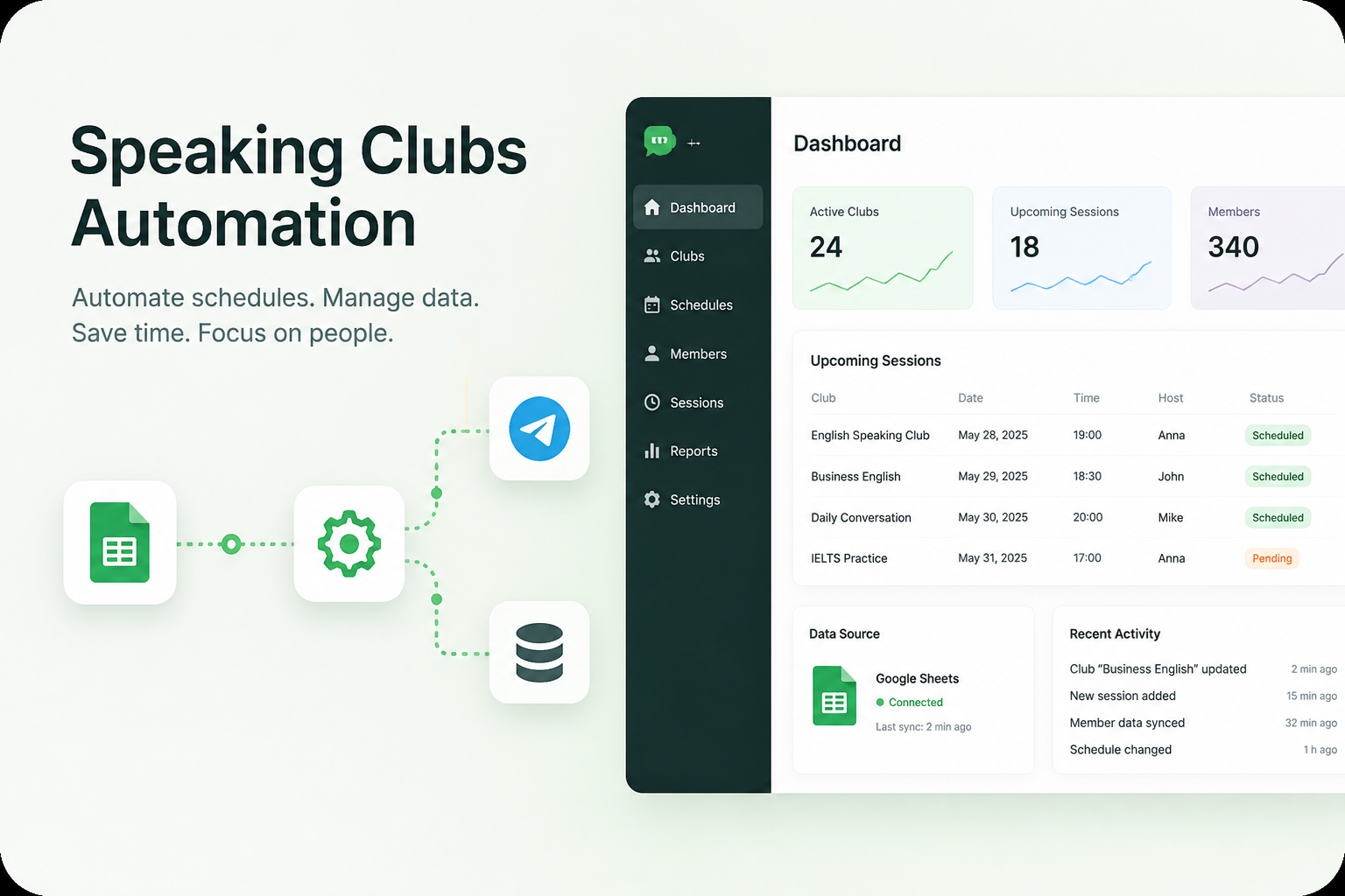 Preview of a speaking club chatbot automation flow